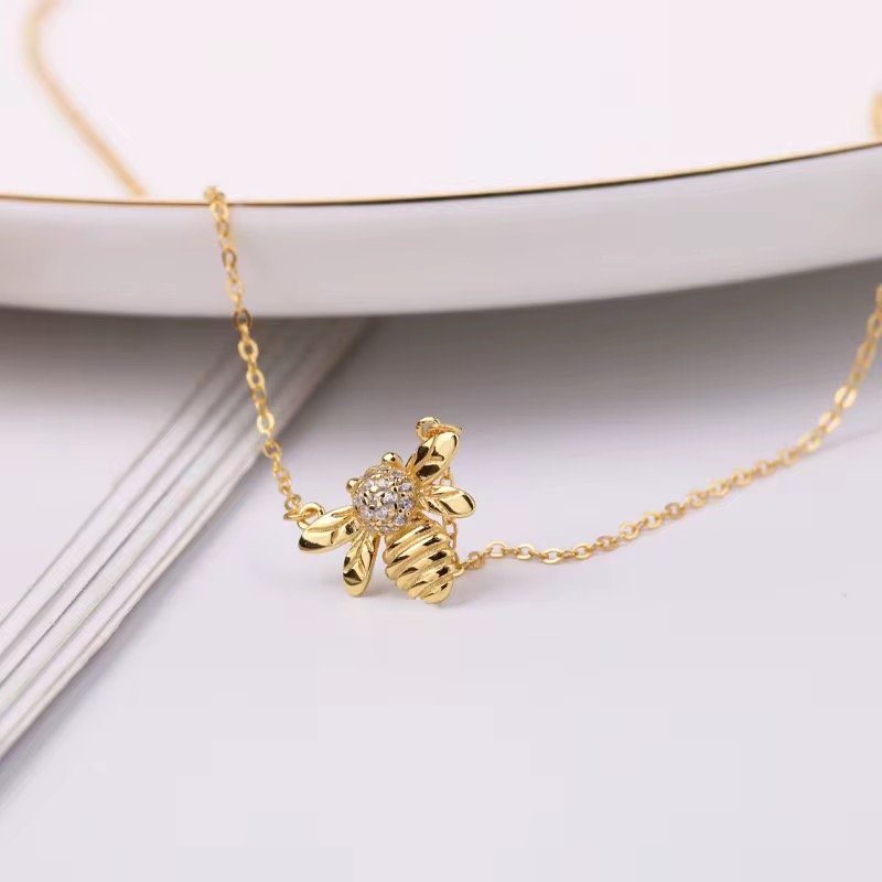 18K Gold Plated 925 Sterling Silver Bee Charm Necklace with Cubic Zirconia