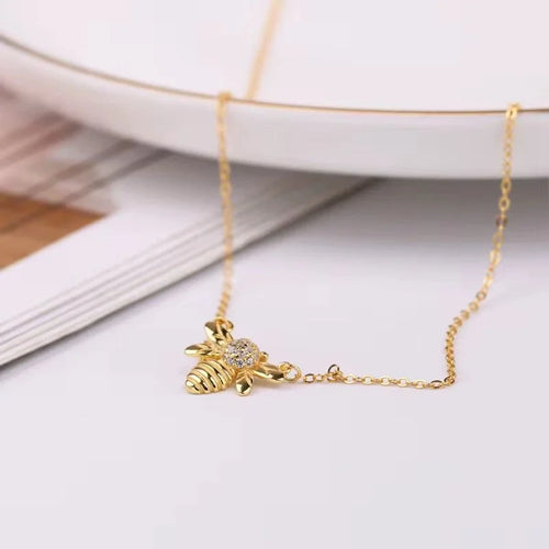 18K Gold Plated 925 Sterling Silver Bee Charm Necklace with Cubic Zirconia