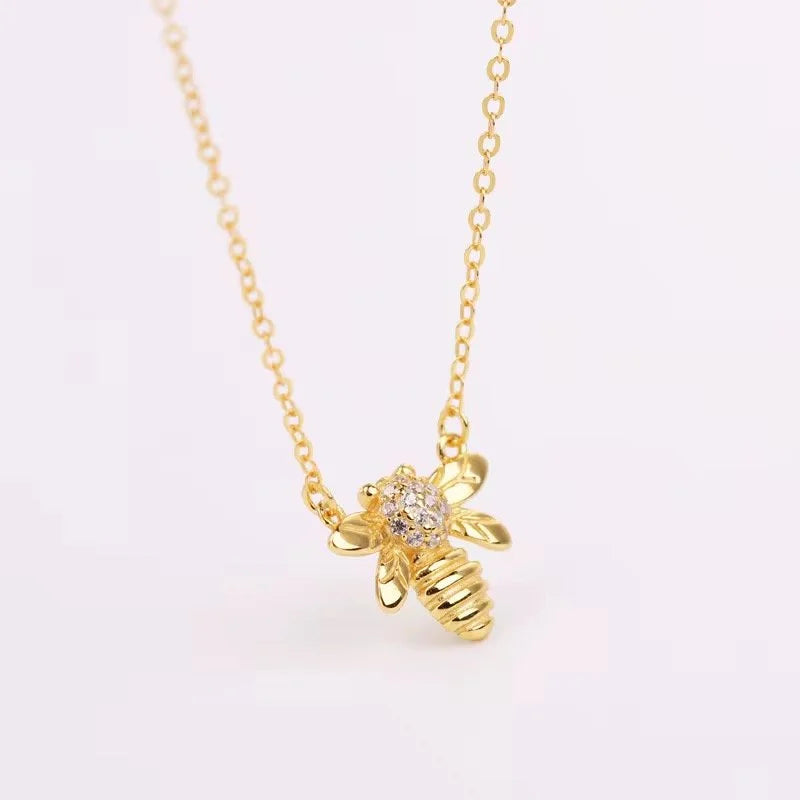 18K Gold Plated 925 Sterling Silver Bee Charm Necklace with Cubic Zirconia