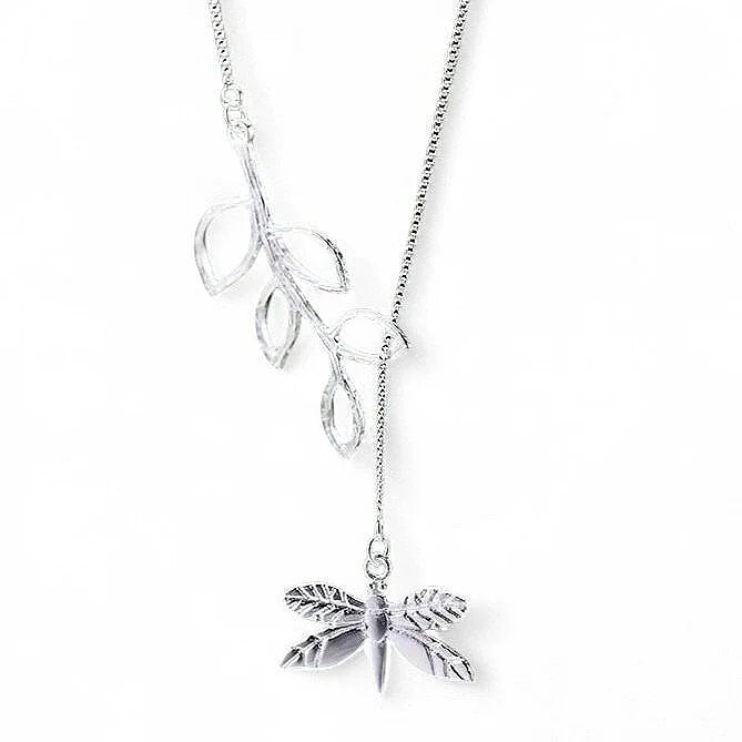 925 Sterling Silver Dragonfly & Leaf Necklace  Nature-Inspired Elegance