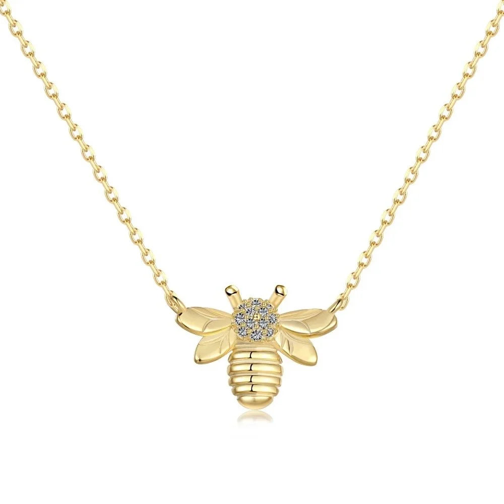 18K Gold Plated 925 Sterling Silver Bee Charm Necklace with Cubic Zirconia