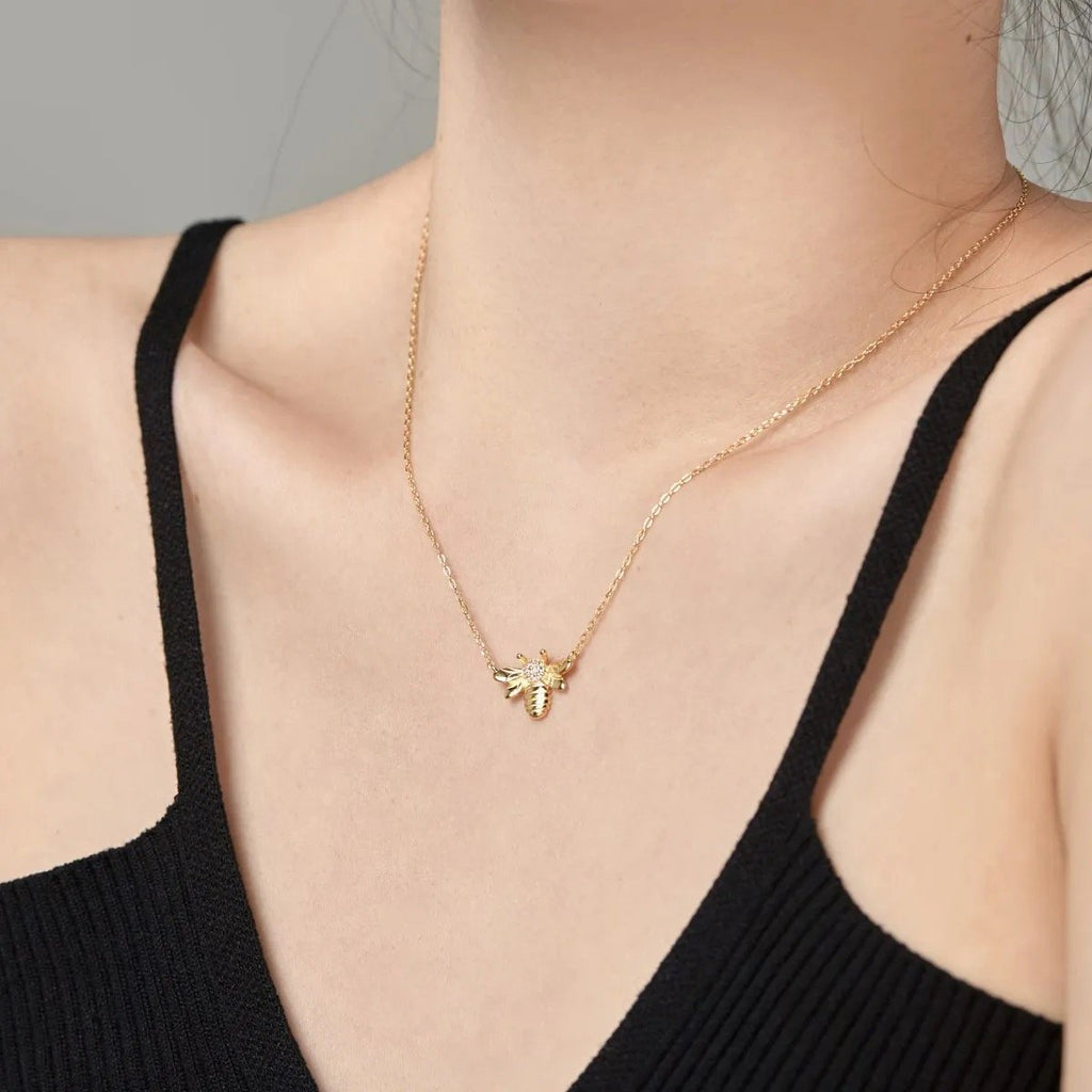 18K Gold Plated 925 Sterling Silver Bee Charm Necklace with Cubic Zirconia