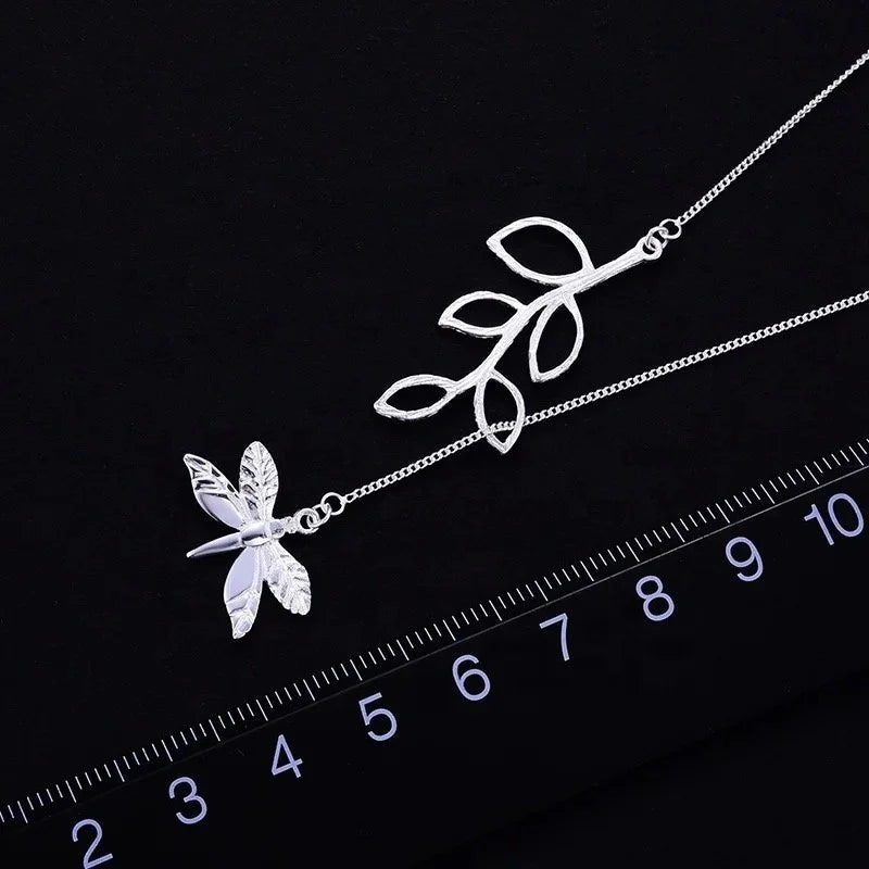 925 Sterling Silver Dragonfly & Leaf Necklace  Nature-Inspired Elegance